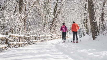 Zwei Personen wandern mit Stöcken durch einen verschneiten Wald
