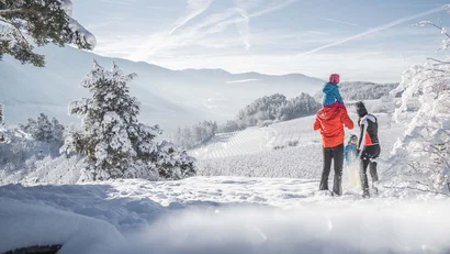 Familie genießt den Winterausblick in einer verschneiten Berglandschaft
