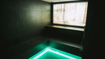 Moderner Sauna-Raum mit grüner Bodenbeleuchtung und großem Fenster mit Waldblick